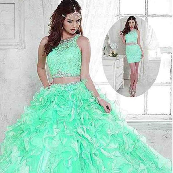 Pay Link 3 Stücke Spitze Quinceanera Kleider Minzperlen Kristall Organza Prom Ballkleider süß 16 Kleider formelle Kleid für 15 Jahre Custom 267X