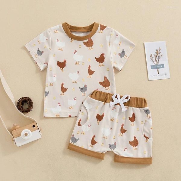 Roupas conjuntos de roupas de garoto de garoto de garoto desenho animado estampa de animais de manga curta de manga curta com shorts elásticos de cintura 2 peças para 0-3 anos