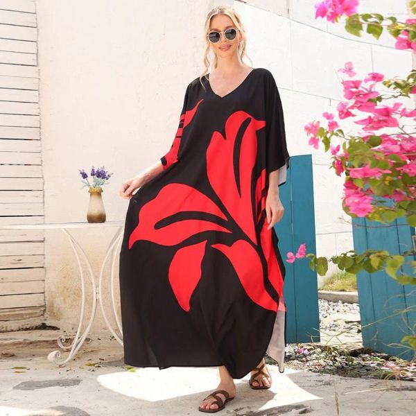 Schwarzer Druck Maxi Kleider Batwing Ärmel Tunika Sommer Herbst Beach Casual Plus Size Women Beachwear Kaftan Cover-ups