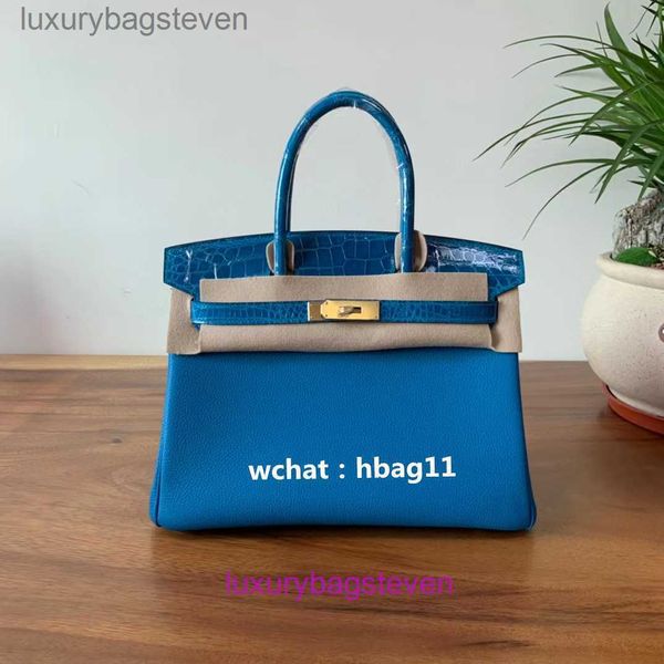 10a original 1: 1 HREMMS Birkks Bolsa de couro genuíno bolsa de alta qualidade 30cm25cm Azul Togo costurar
