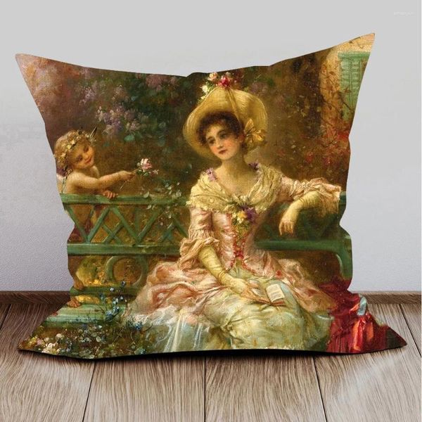 Pillow European Oil Painting Beauty Lady Girl Porträt Love Cupid Cover Valentinstag Dekorative Kissen für Sofa 45x45cm