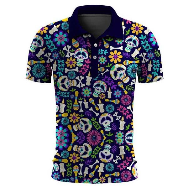 Polos masculinos Skull interessante 3D Impresso de manga curta Mens camisa pólo casual mexico squeleleton pólo gráfico de camisa de camisa topl2405