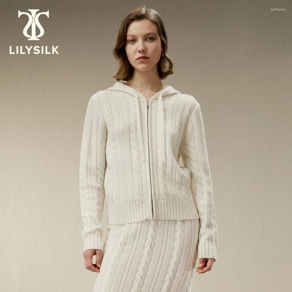 Damen Hoodies Lilysilk Wool-Cashmere-Mischung Hoodie für Frauen 2024 Herbst-Kabel-Knochen-Langarm-Stickpullover Reißverschluss Up Up