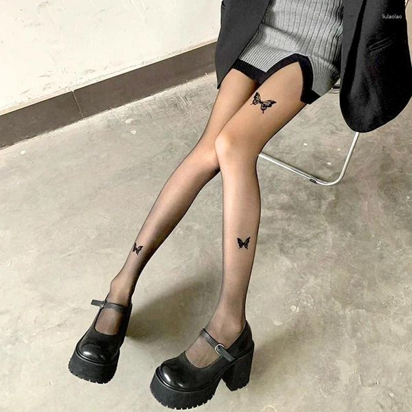 Frauen Socken Schmetterling Tattoo Ultra-dünne Strumpfhosen Strumpfhosen für Mädchen JK lolita transparent sexy Oberschenkel hohe Strümpfe Y2K