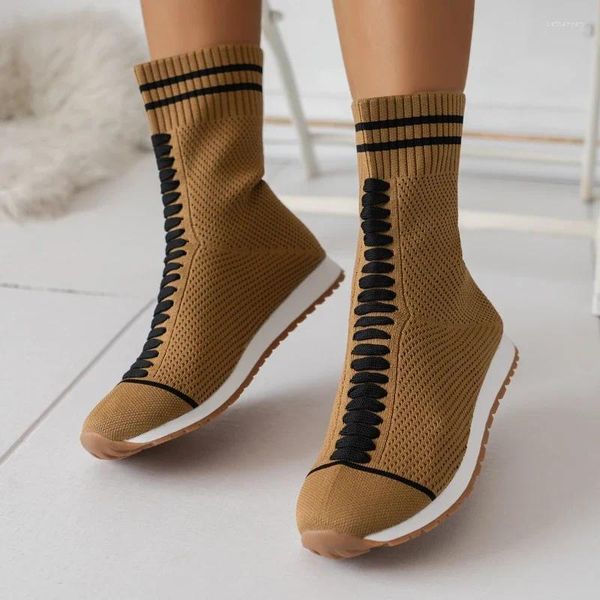 Stiefel Baumwollstoff flach mit Socke für Frauen Modelle Wintergummi-Damenschuhe Low Heel Slip-on Runde Zeh
