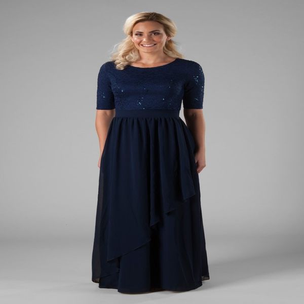 2019 LACE azul marinho Chiffon Long modest Modest Damaid vestidos com 1 2 mangas Jóia Jóia do pescoço Templo Modest Maid of Honor Dress 2619