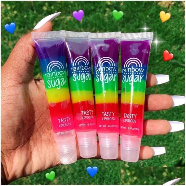 Lip Gloss Rainbow Sugar Tasty Lipglels transparente perfumado frutas transparentes lábios bálsamo líquido batom hidratante gota de óleo de plumas entrega OTFMP