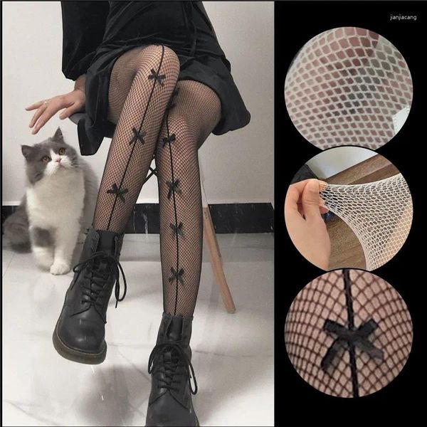 Frauen Socken 2024 sexy schwarzes Mesh ausgehöhlten Spitzenbogenstrümpfe süße Lolita Strumpfhosen Schlanker Fischnetz Strumpfhosen