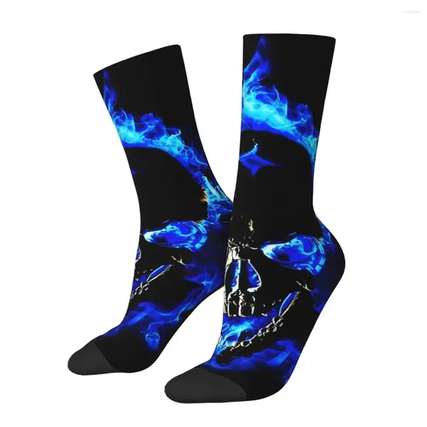 Meias masculinas Sock Crazy For Men Blue Flame Skull Fire Hip Hop