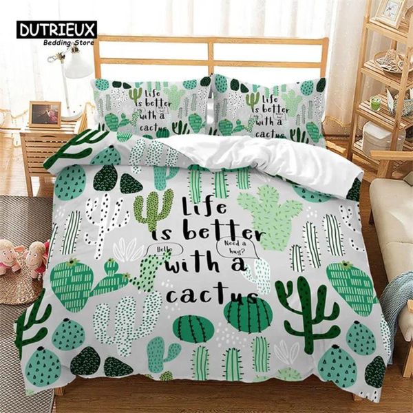 Set di biancheria da letto Cartoon Cactus copripiumino giardino a molla con bouquet in stile boho di piante spinose decorazioni per fiori da 3 pezzi set federe