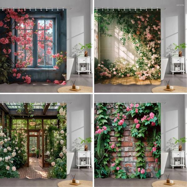 Duschvorhänge Outdoor Garten Poster Vorhang Vintage Fenster Wandanbau Blumenpflanzen Polyester Stoff Badezimmerdekoration