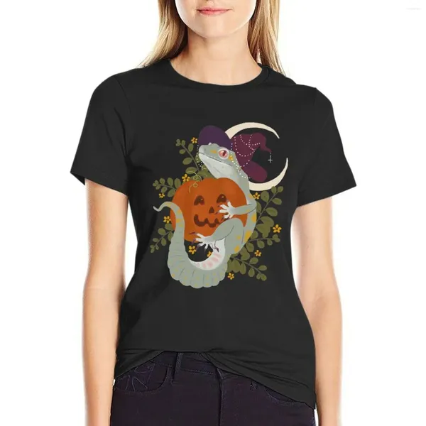 Kadın Polos Leopard Gecko ve Jack-O-Lantern T-Shirt Grafikleri Kawaii Giysileri Kadınlar İçin Sevimli Tişörtler Grafik Tees Komik