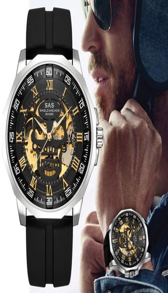 Sport Watch Men Fashion 3D Schädel Design SAS Schild Anker Vine Mechanische Uhren Silikongurt Skelett Wirstwatch2829628