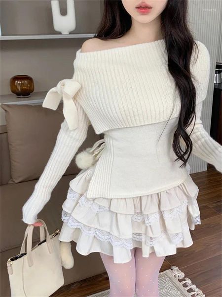 Vestidos de trabalho garotas fofas duas peças ajustam mulheres kawaii fora do ombro suéter e saia de bolo slim mini de malha curta 2 mini 2