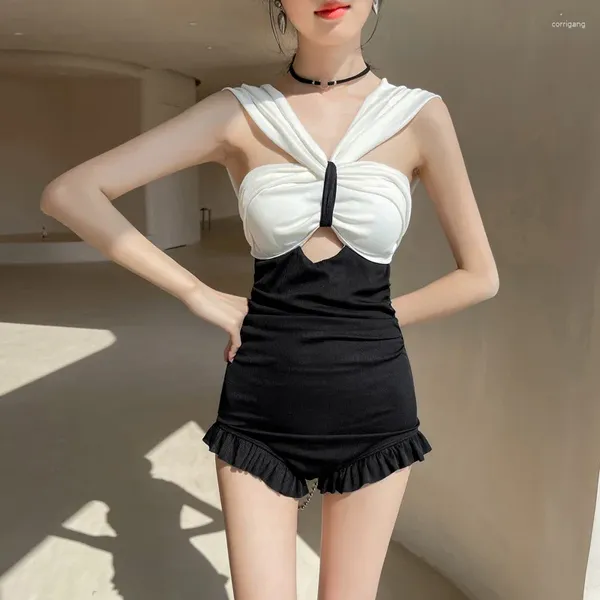 Menas de banho feminina estilo corea casual retchwork bow swimsuit 2024 verão mulheres sexy sem costas biquínis biquíni push up mujer