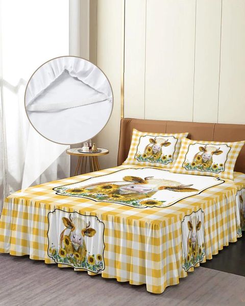 Skirt American Country Style Farm Cow Sunflower Giallo Plaid Adattata aderente con set di biancheria da letto materasso con cuscinetti