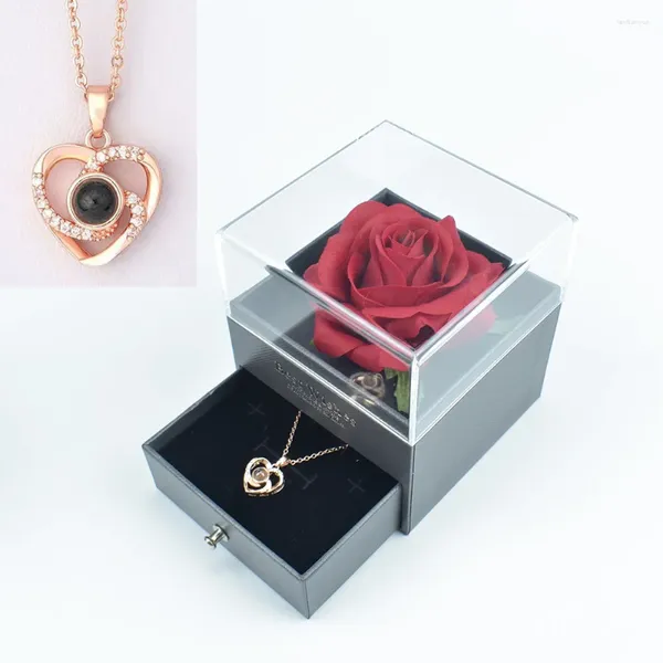 Dekorative Blumen rot lila rosa Seiden Rose Geschenkbox mit 100 Sprache Ich liebe dich Halskette für Mutter Freundin Geburtstag Valentiens Tage