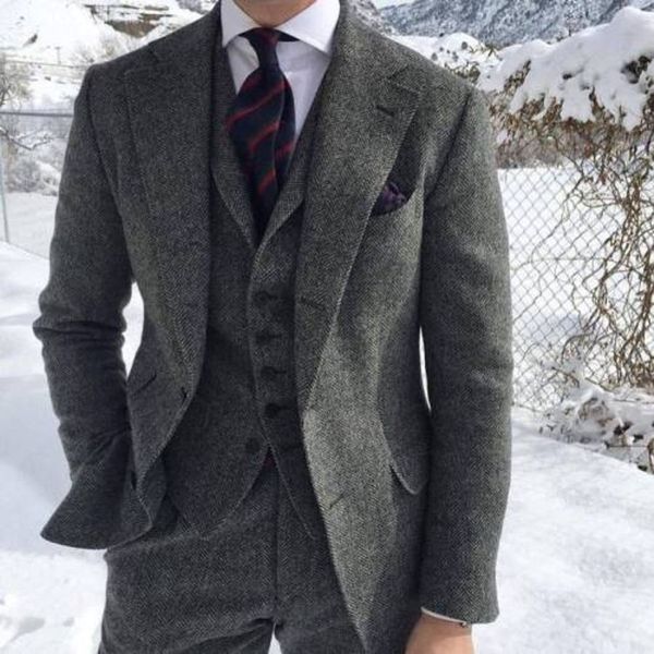 Rustikal dunkelgraue Hochzeit Smokedos Wolle Fischgramm Tweed Slim Fit Herrenanzug Jacke Weste Hosen Farm Prom Bräutigam Kleidung Plus Größe 311f