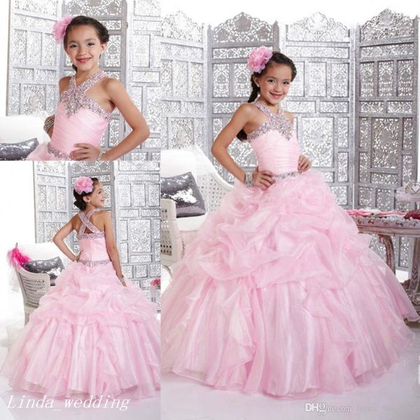 Vestido de concurso de garotas brilhantes rosa vestido de bola de bola de bola de shinestone cupcake baile de baile para jovem vestido de menina curta para a pequena K 349r