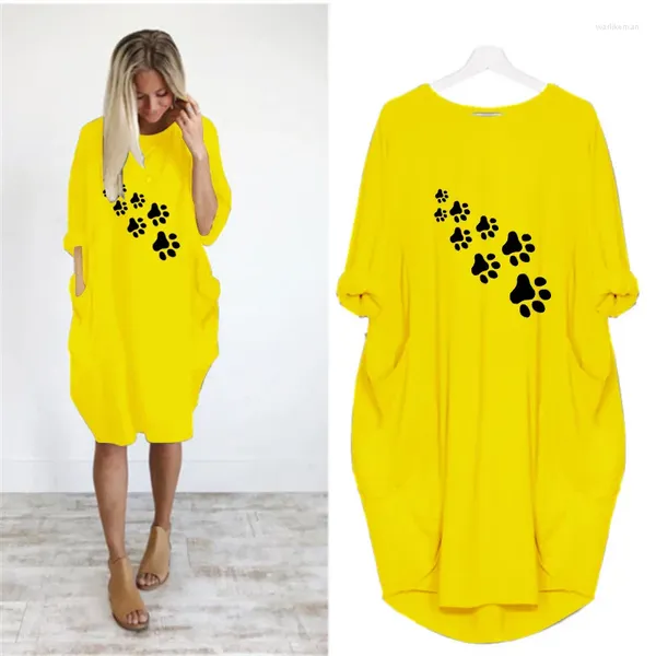 Vestidos casuais vestido de camiseta feminino 2024loose pés impressos de manga longa de tamanho de outono de outono bolso midi manto amarelo femme femme