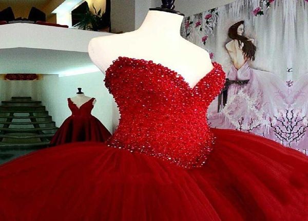 2020 splendidi abiti da ballo rosso scuro abiti Quinceanera abiti a buon mercato cristalli di lusso a buon mercato Tulle Vestidos de 15 Anos Burgundy Princess Swee9960562