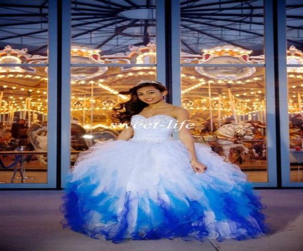 2019 Requintado Quinceanera Vestidos ombre Vestido de baile azul branco Sweetheart Ruffled Organza Ligas Lace Up Vestidos de Fiesta Sweet 3942742