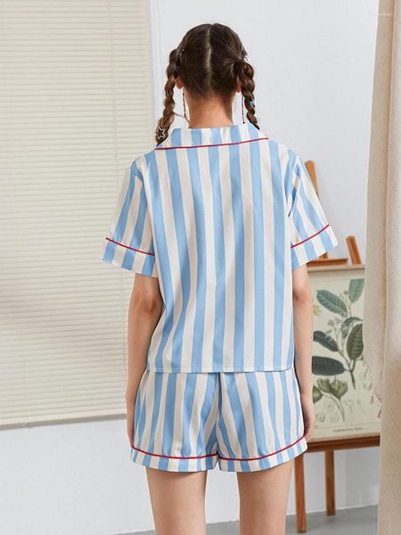 Домашняя одежда Женщины полосатая пижама набор кнопки с коротким рукавом вниз по блузке и лаунжам для лаунжа для ног Гингхэма