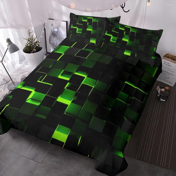 Bettwäsche -Sets abstrakter Duvet Cover Set Geometrischer Stil 3 PCs Grüne schwarze schwarze digitale dimensionale quadratische Würfel Tröster