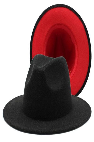 Unisex Black Red Patchwork Wool Weeld Whinppy Jazz Fedora Hats Mens Women Fashion Party Formal Hat Wide Brim Panama Trilby Cap9746479