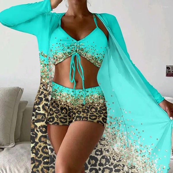 Frauen Badebekleidung Frauen Badeanzug 3 Stück Badeanzug Kimono High Taille Bikini Shorts Long Sleeve Beach Cover Up Leopard Bikinis