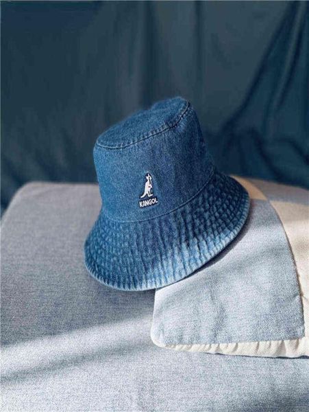 Kangol Vintage Tide Brand Kangaroo Lavato Tannin Denim Fisherman Cappello per donne e uomini Summer Big Brim Flat Top Top Basin Hat UNISEX H4844101