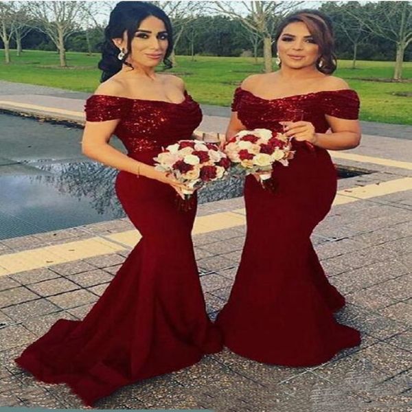 Burgundy Bridemaid Kleid Paillettenspitze Mermaid Off Schulter Hochzeit Gastkleider Langes Vestidos de Dama de Honor Prom Party Kleid 203e