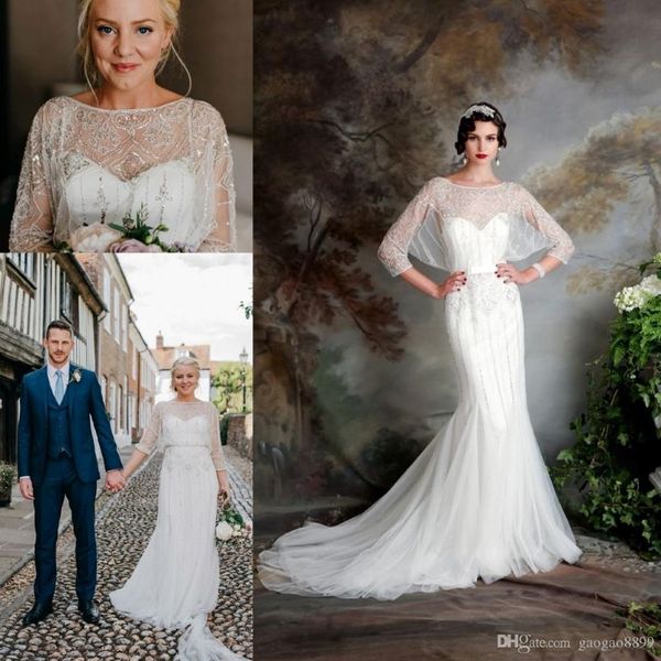 Großartiger Gatsby Vintage Luxury Country Brautkleider 2019 Bescheidener Jenny Packham Halbärmel -Perlen -Meerjungfrau -Brautkleider Eliza Jane Howell 215f