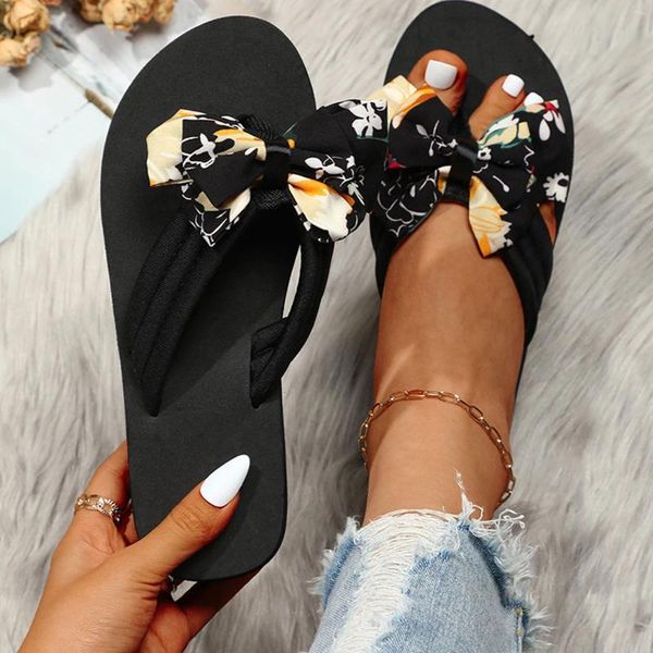 Terlik Kadınlar İçin Moda Ayakkabıları Bow Ladies Sandalet Tatil Kauçuk Sole Plaj Kama Flip Flops Evi Kapalı Chausson Femme