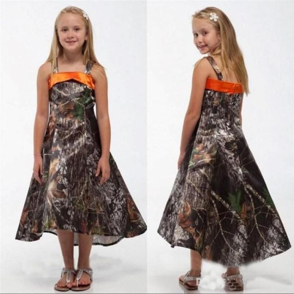 Neue Hi-Lo-Camo Hochzeit Blumenmädchen Kleider Spaghetti-Träger eine Linie Tee-Länge Junior Brautjungfernkleider Mädchen Festzugskleider 343t