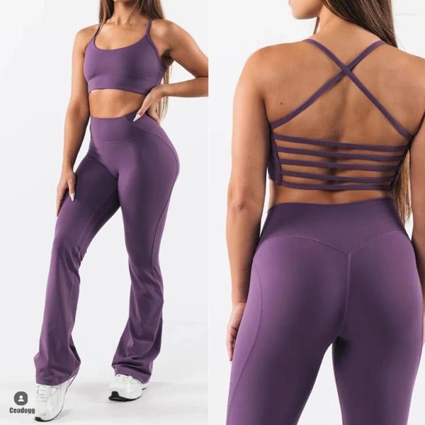 Conjuntos ativos 2024 1/2pcs Nylon Set Settle Sportswear Fitness Bra Crop Crop Top Flare Wide Legging Pants Exercício de exercício Athletic Wear Suits