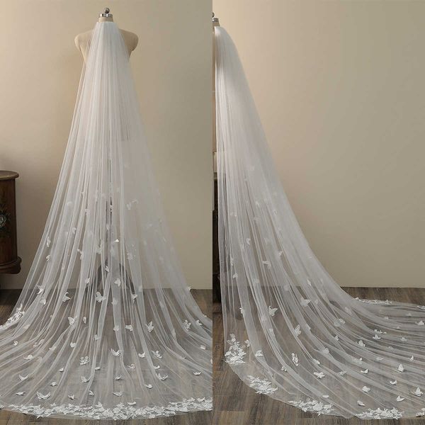 Apliques de borboleta 3D elegantes véu de casamento 3m de comprimento Corte especial Royal Bridal véu com véu de pente de casamento