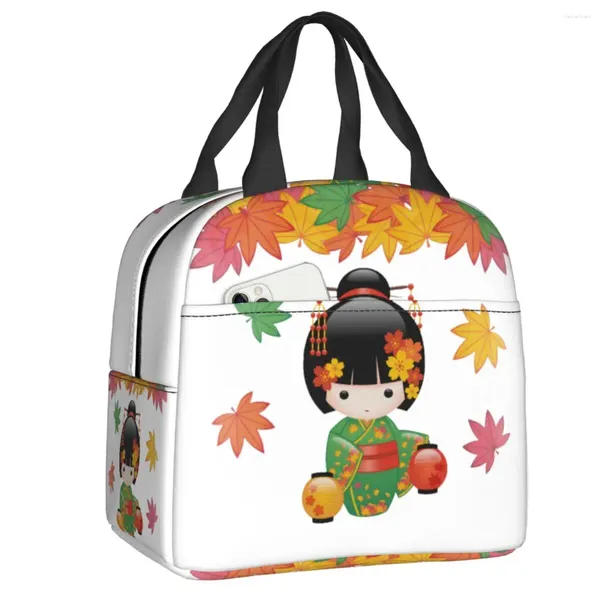 Aufbewahrungstaschen Kokeshi Puppe Kirschblüten Lunchbeutel Frauen Japanisch Geisha tragbare Kühler thermische isolierte Schachtel für Kinderschule