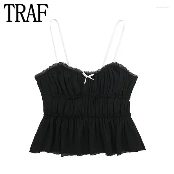 Tank da donna Bow Ruffle Crop Top Women Black Sleeveless Tank con cinghie Short Short Tops Woman 2024 Sexy Summer Sexy Summer