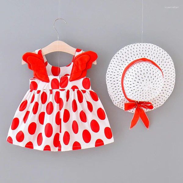 Mädchenkleider Sommermädchen Kleid und Hut zweiteilig Set Baby kleine frische große runde Punkt bedruckte Flügelgurt Prinzessin