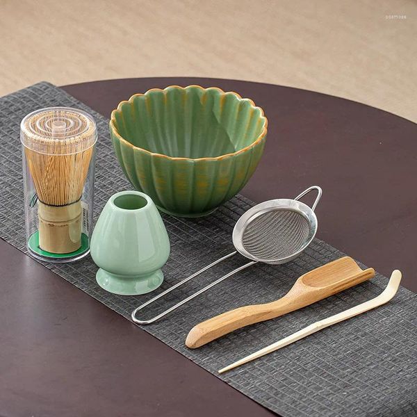Tee-Sets japanische bletalförmige Matcha-Ofen-Formed Ceramic Tea Bowl Bamboo Whisk Traditionelle Vintage-Herstellung Werkzeuge (6-teiliges Set)
