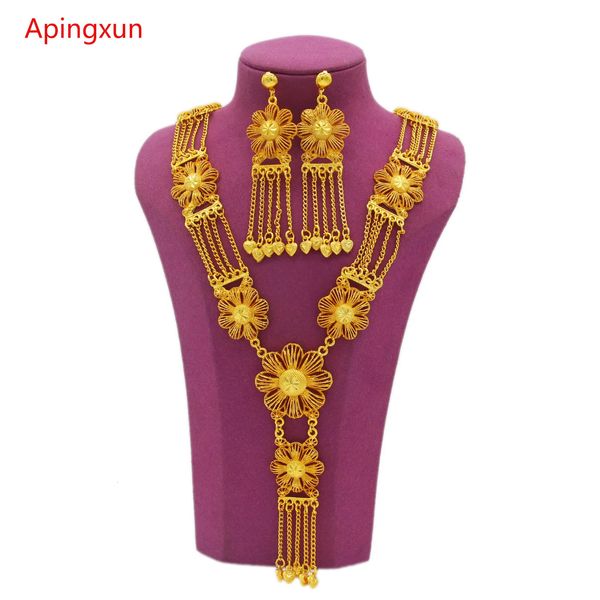 Apingxun 24K Gold Farbe Blumen Halskette Ohrringe Schmuck Set Afrikanische australische französische Frauen Braut Hochzeitsfeier Zauber 240506