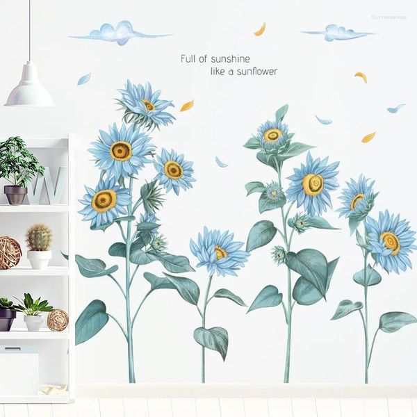 Wandaufkleber blaue Sonnenblume für Wohnzimmer Schlafzimmer Sofa Hintergrunddekor PVC Abziehbilder Kunst Wandbilder Hausdekoration