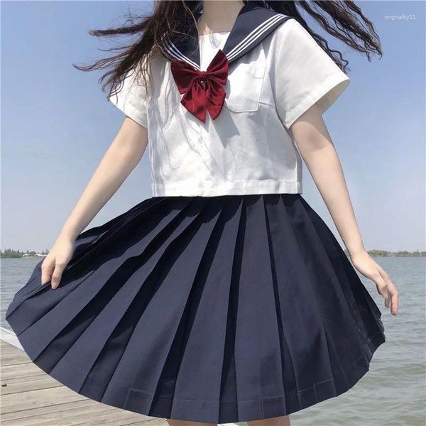 Roupas conjuntos de roupas japonesas uniformes escolares meninas mais tamanho jk terno de gravata vermelha branca três marinheiro básico Mulheres de manga longa