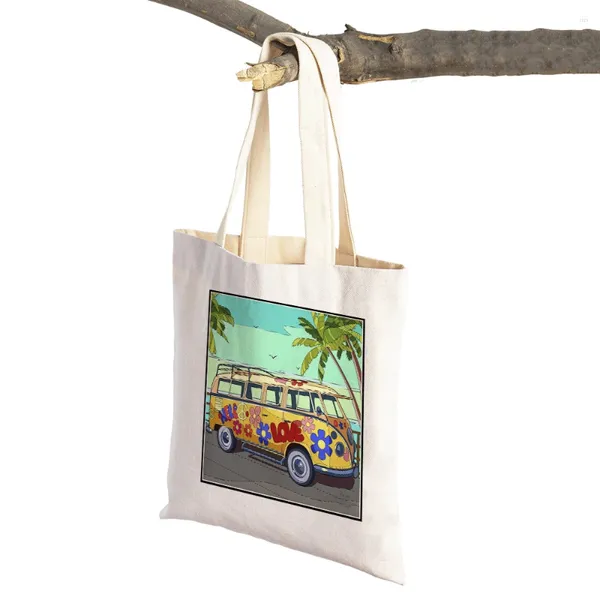 Bolsas de compras viagens de carro de carro feminino bolsa de bolsa casual saco supermercado Happy campper arte desenho animado casa de senhora Lady Lady