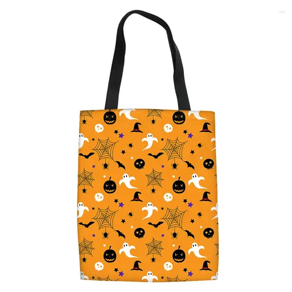 Einkaufstaschen Halloween Großer Leinwand Einkaufstasche Kürbis Ghost Skull Bat Design Frauen Einkaufsbeutel Mode Schulterbags Bolsa REUTILISABLE LINO