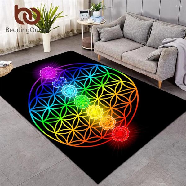 Tappeti da letto di lettiera chakra per soggiorno zen tema rettangolo area tappeto colorato fiore di vita del pavimento geometrico tappetino