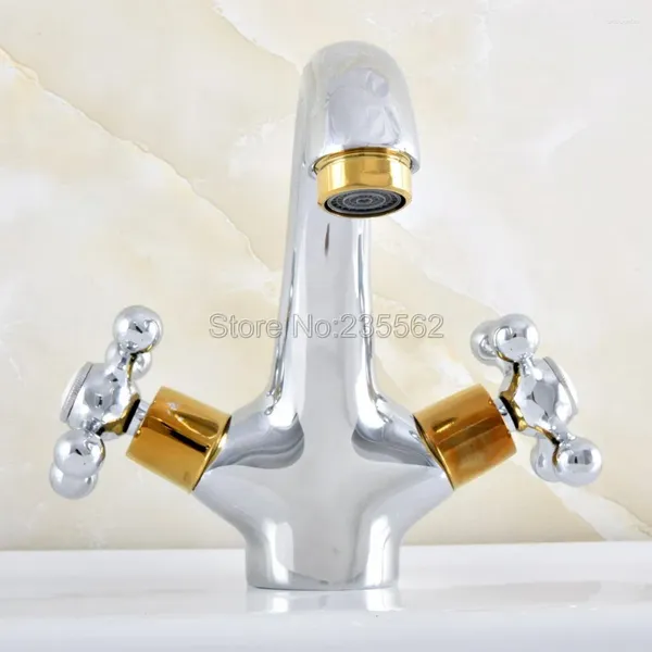 Torneiras de pia do banheiro Golden Chrome Brass Dual Cruzin Bacia Taps Taps Montada de Deck Montada e Lavagem Fria Torneira LNF478