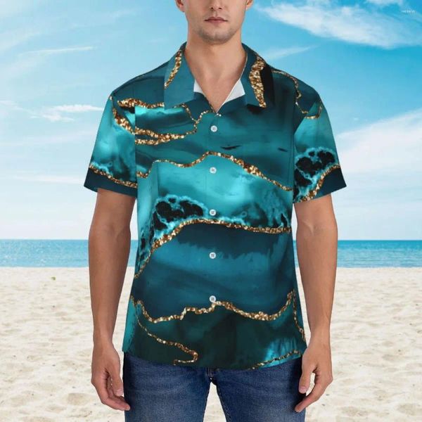 Camicie casual maschile scintillante camicia da spiaggia in marmo blu e oro hawaiane camicette classiche maniche corte harajuku top personalizzate