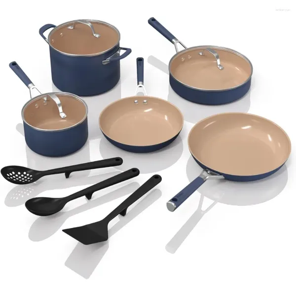 Disuários de utensílios de cozinha de 11 peças Handle confortável Handle non stick maconha de louça Segura todos os fogões e sensores Compatíveis azul marinho